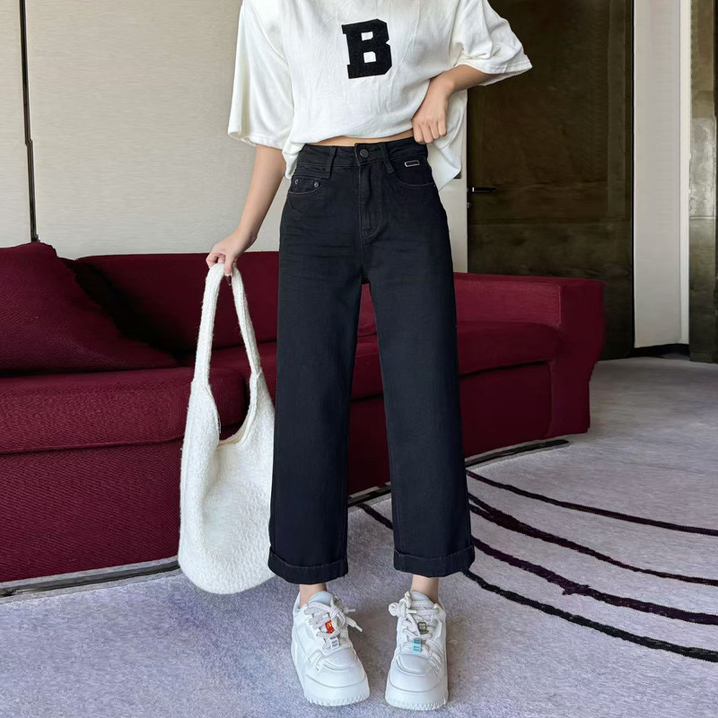 黑色窄版直筒牛仔裤女春秋新款高腰显瘦小个子九分法棍裤子烟管裤