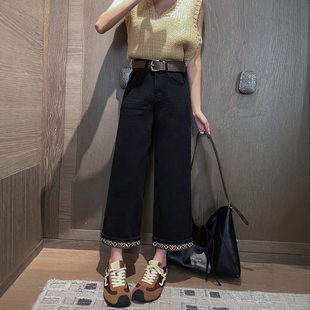 春季新款黑色阔腿牛仔裤女小个子九分宽松高腰显瘦翻边休闲直筒裤