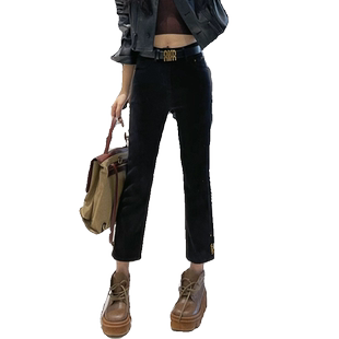秋冬新款黑色牛仔烟管裤女加绒八分高腰大码直筒裤法棍裤子烟筒裤