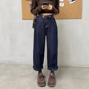 冬新款原色蓝加绒加厚直筒牛仔裤女宽松高腰九分小个子阔腿奶奶裤