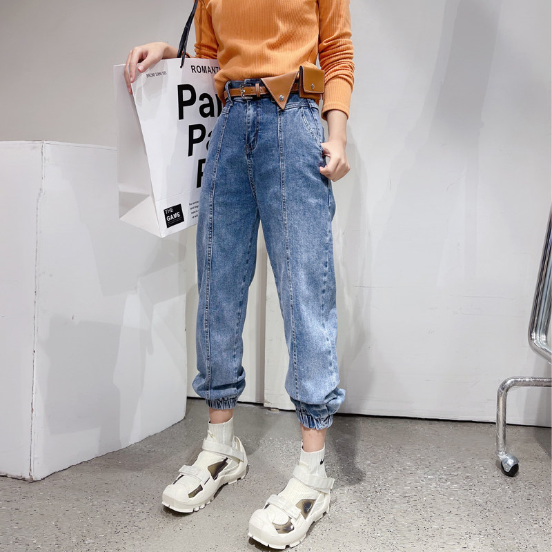 稻语新款浅蓝色哈伦牛仔裤女宽松高腰显瘦束脚老爹萝卜裤垮裤潮