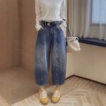 2026春季新款阔腿牛仔裤女小个子宽松高腰八分弯刀休闲直筒泡泡裤