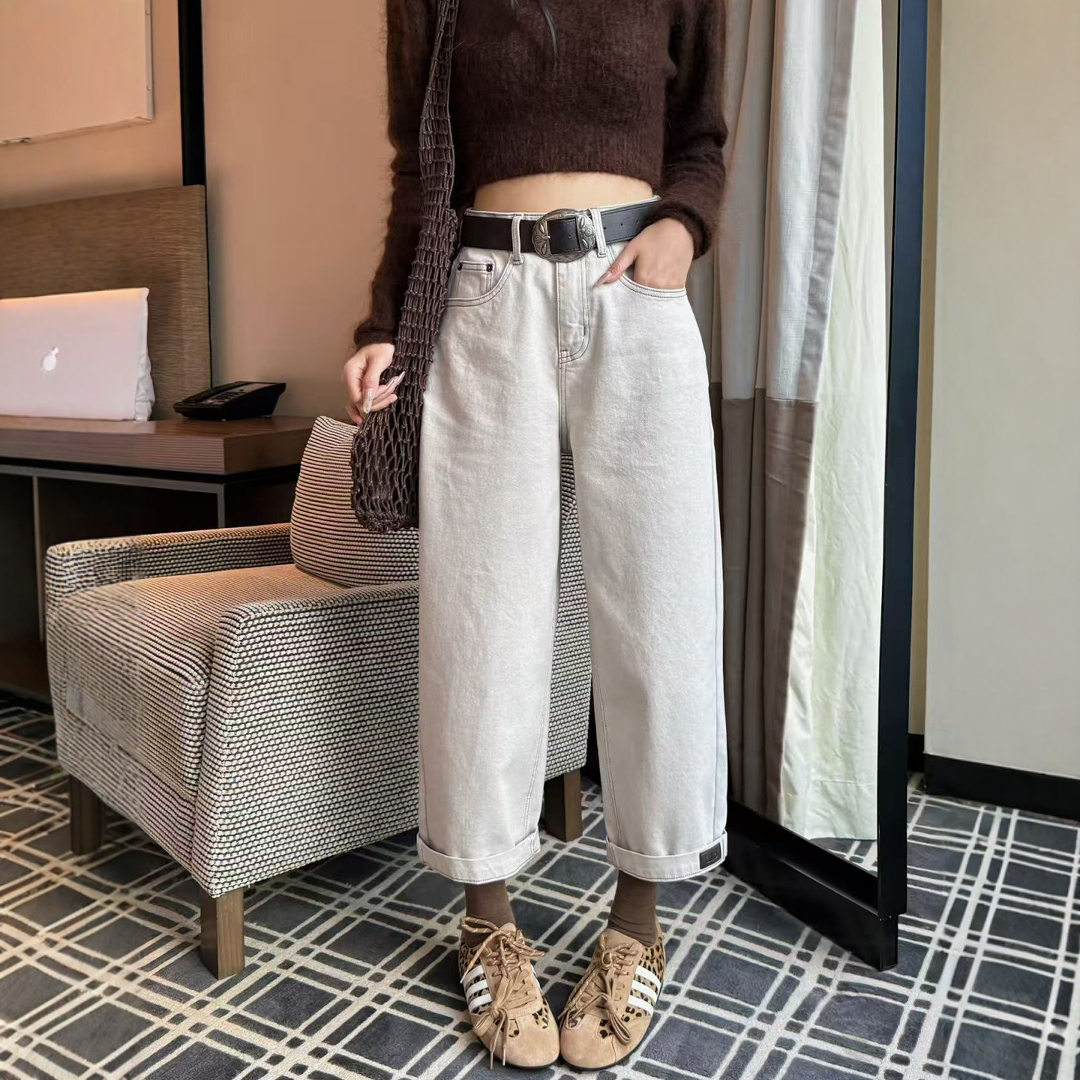 秋季新款老钱咖阔腿牛仔裤女九分小个子宽松高腰直筒裤窄版法棍裤