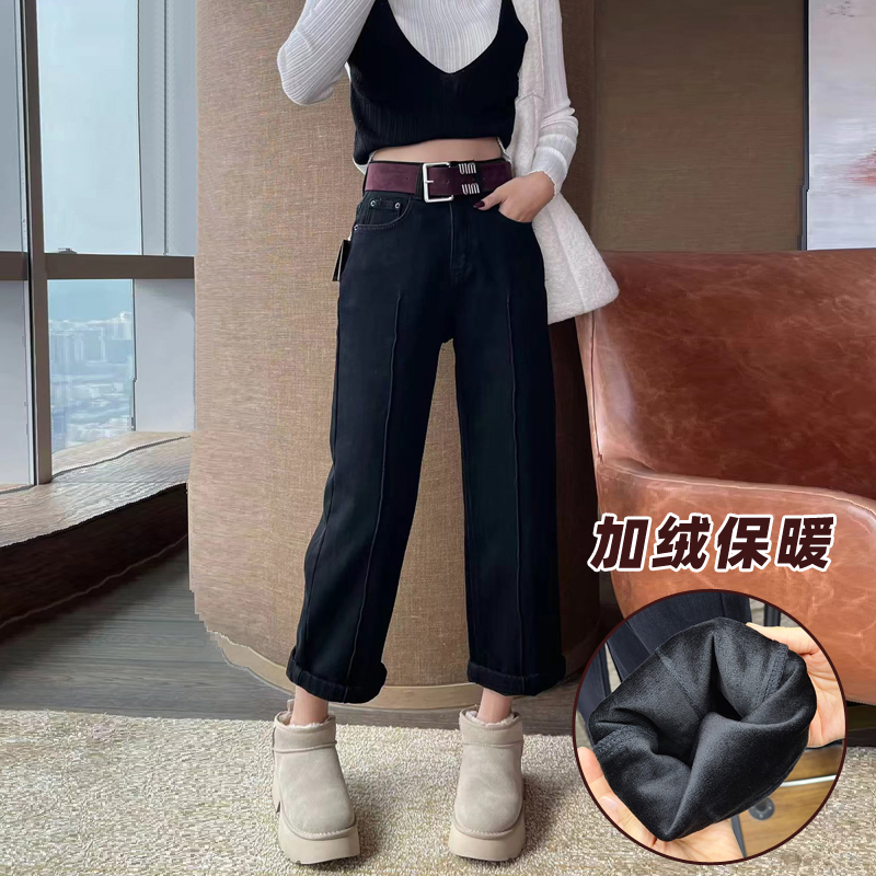 直筒裤女九分加绒加厚高腰小个子
