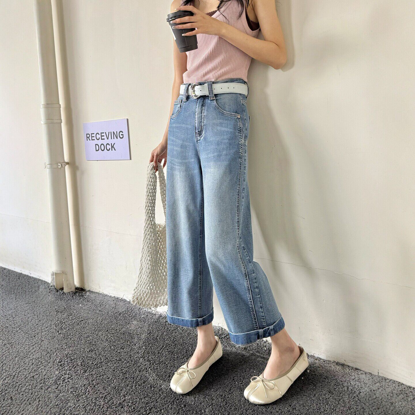 欧货春季新款浅蓝色阔腿牛仔裤女宽松高腰九分小个子直筒裤法棍裤