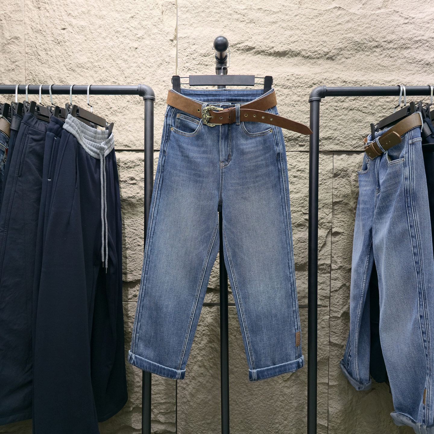 2025秋冬新款蓝色加绒直筒牛仔裤女宽松高腰九分小个子窄版法棍裤