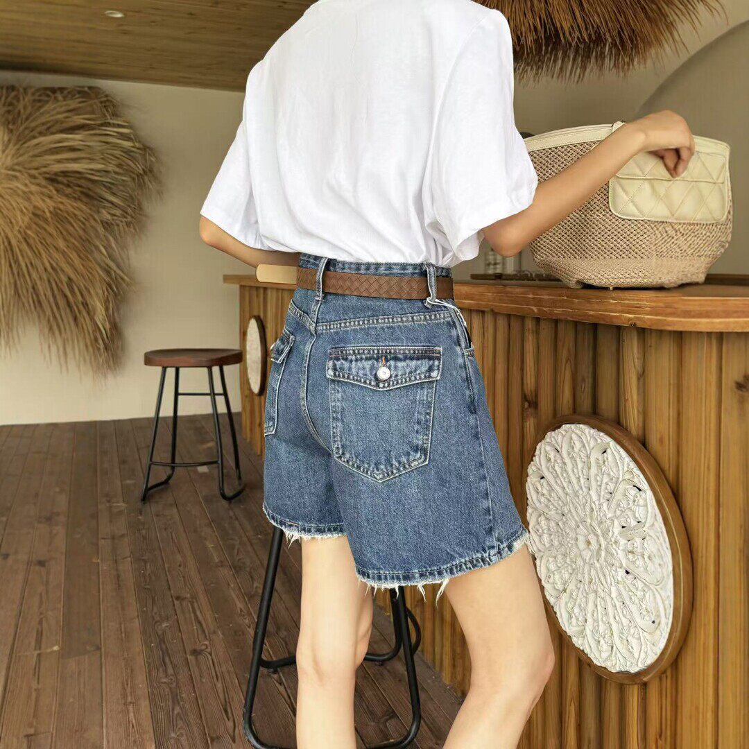 夏季新款蓝色牛仔短裤女薄款高腰宽松显瘦阔腿裤辣妹热裤四分短裤