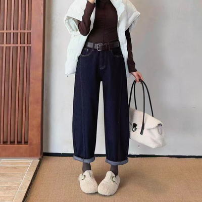 2025冬季新款原色蓝加绒牛仔裤女