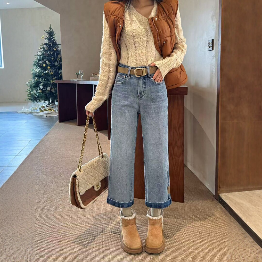 2026春季新款蓝色直筒牛仔裤女高腰九分小个子阔腿显瘦休闲法棍裤