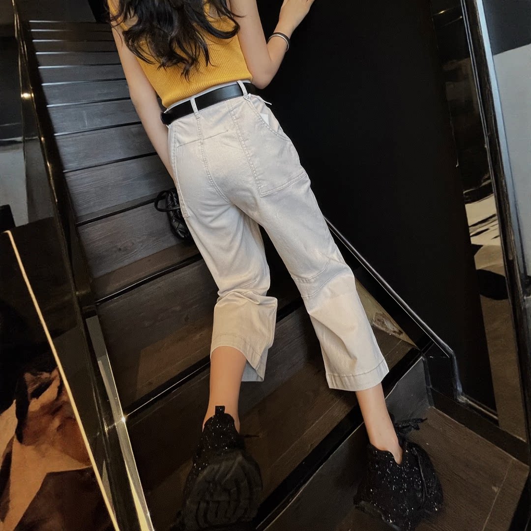 灰色阔腿牛仔裤女高腰显瘦八分裤