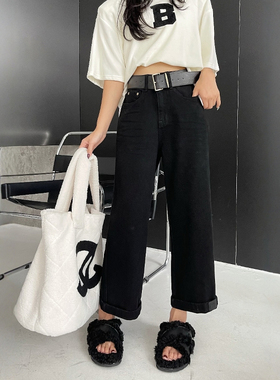 2025春新款黑色阔腿牛仔裤女九分小个子宽松高腰休闲直筒裤法棍裤