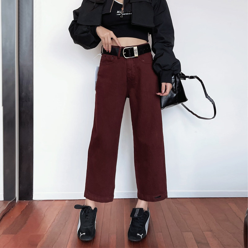 2026春新款安可拉红直筒牛仔裤女窄版八九分小个子阔腿休闲法棍裤