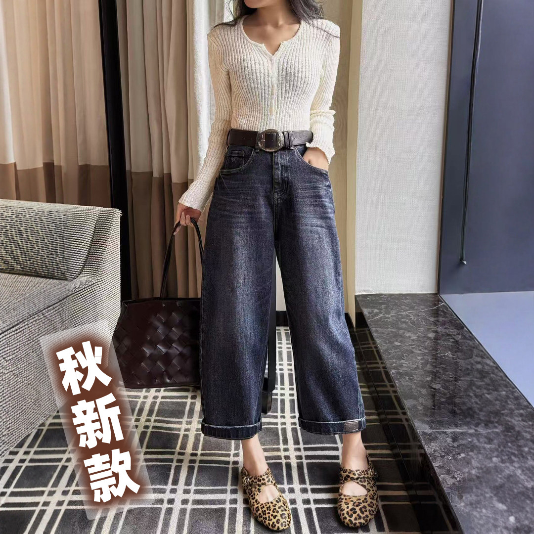 秋新款高腰宽松直筒牛仔裤女九分