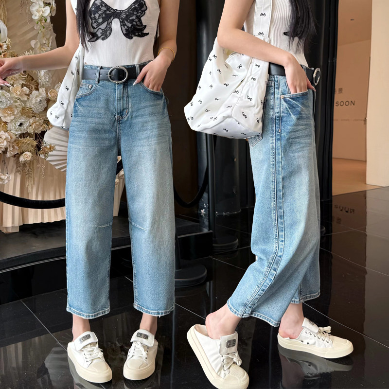 欧货春季新款浅蓝色阔腿牛仔裤女宽松高腰直筒裤九分小个子弯刀裤