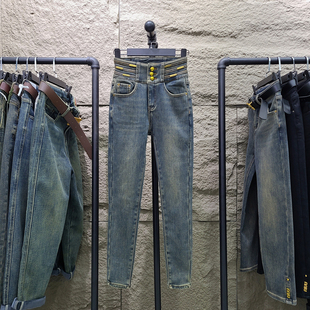 【清仓】冬季新款复古蓝色紧身牛仔裤女加绒加厚高腰小脚裤铅笔裤