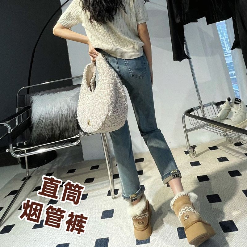 2025春秋新款牛仔烟管裤女蓝色弹力小个子八分窄版直筒裤翻边靴裤