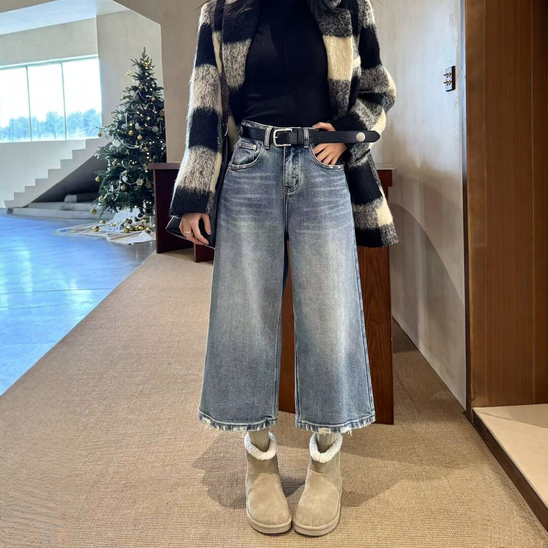 2026春季新款蓝色阔腿牛仔裤女宽松高腰显瘦九分小个子休闲直筒裤