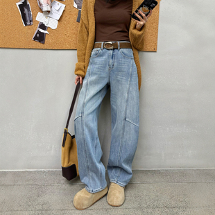 秋冬新款浅蓝色加绒加厚阔腿牛仔裤女宽松高腰直筒弯刀拖地裤长裤