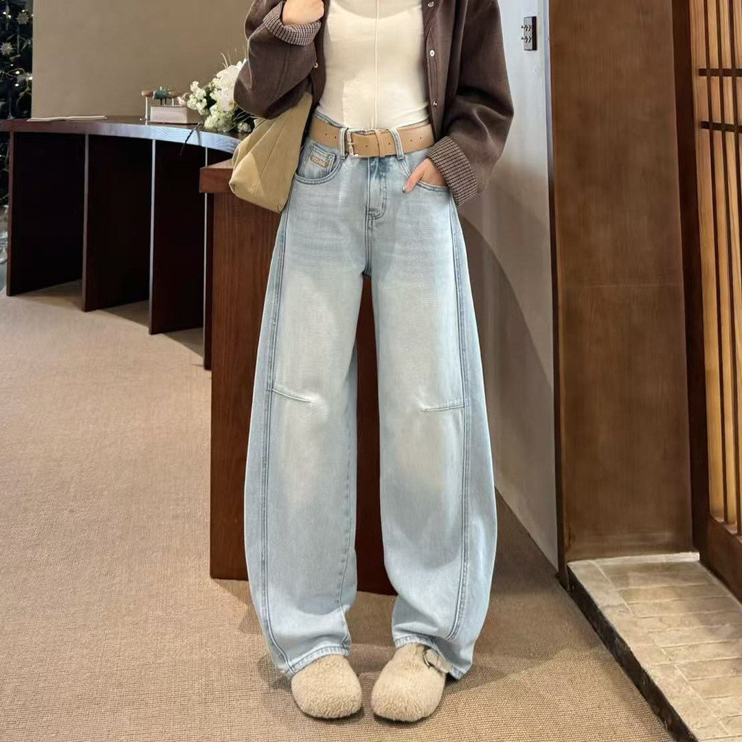 2026春新款浅蓝色弯刀牛仔裤女宽松垂感阔腿长裤显瘦直筒裤拖地裤
