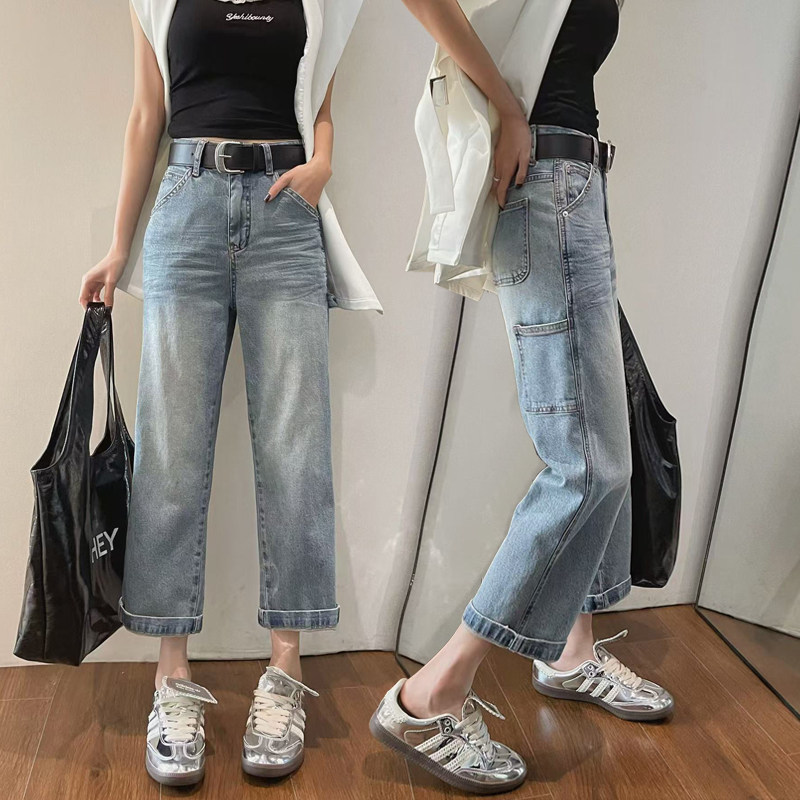 2025春季新款浅蓝色直筒牛仔裤女高腰显瘦九分小个子法棍裤工装裤