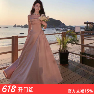 大码女装2025新款法式收腰露背吊带礼服公主风A字大摆度假连衣裙