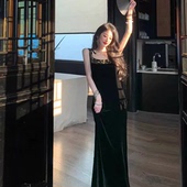 新中式 大码 女装 轻奢设计感丝绒吊带连衣裙性感一字领生日宴会礼服