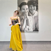 法式 大码 女装 小众黄色拼接吊带连衣长裙重工提花订婚生日宴会礼服