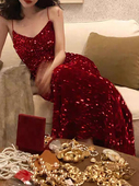 大码 吊带连衣裙 女装 亮片弹力年聚会性感V领礼服高腰包臀鱼尾长款