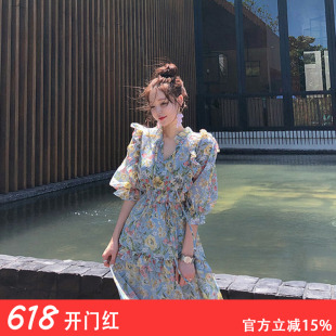 2026秋季大码女装胖mm气质超仙森系法式泫雅风初恋桔梗雪纺连衣裙