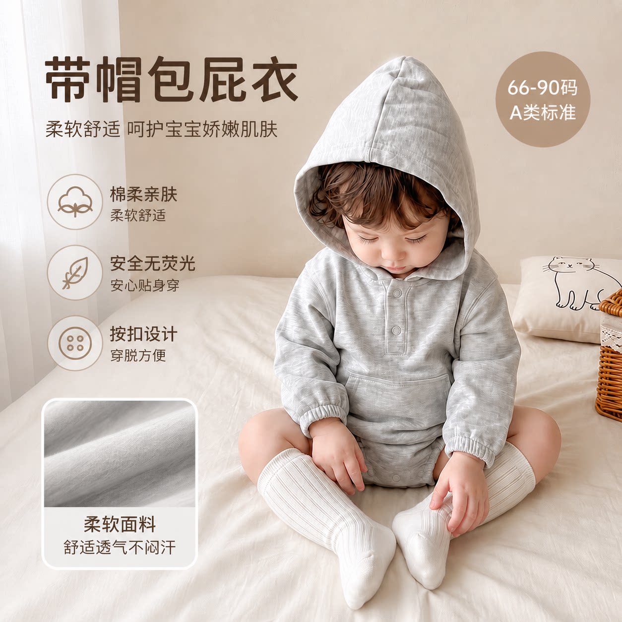 婴儿外出连帽套头包屁衣秋季哈衣春款a类宝宝无骨长袖三角爬爬服