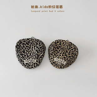 复古豹纹儿童贝雷帽日系复古刺绣字母反戴鸭舌帽凹造型鸭舌前进帽