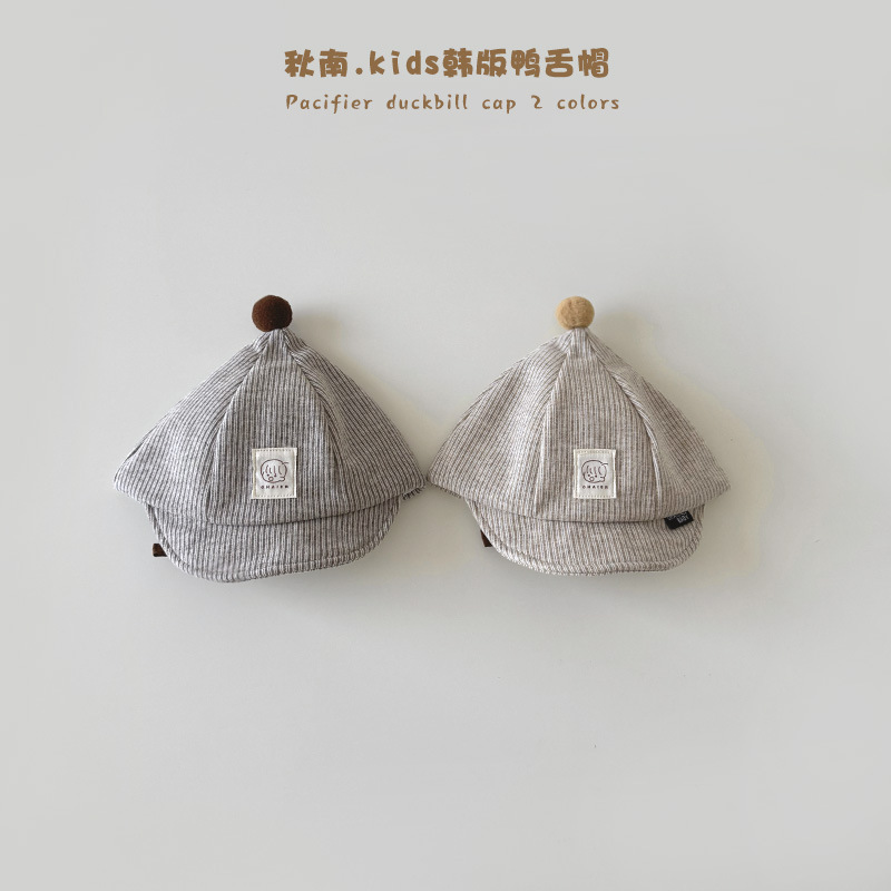 宝宝帽子2025秋冬ins新款球球条纹鸭舌帽儿童时尚字母男女童遮阳
