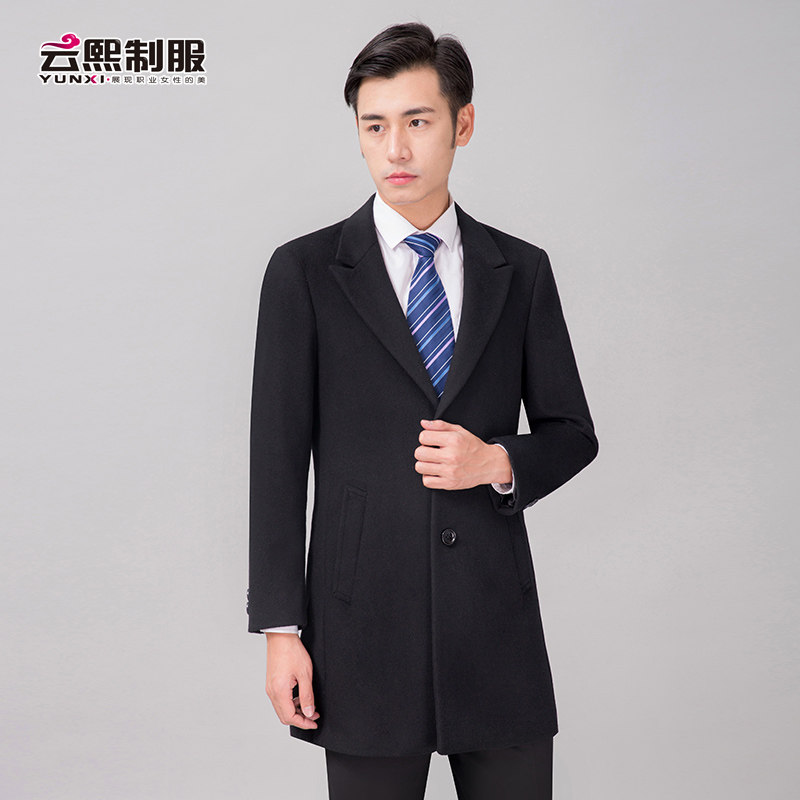 西装领黑色冬季短款男大衣新款物业酒店保安工作服顺毛呢外套风衣