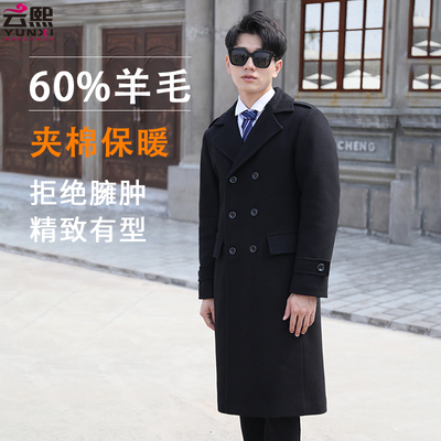 黑色加厚冬季羊毛呢大衣中长款