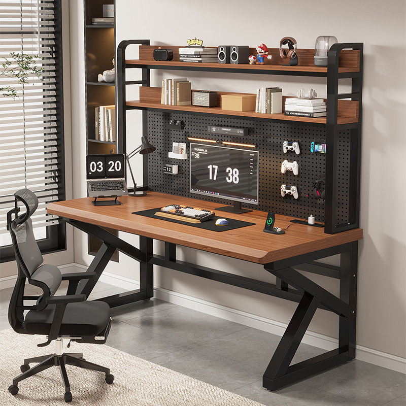 实木书桌书架一体桌子洞洞板台式电脑桌学生家用办公桌卧室电竞桌