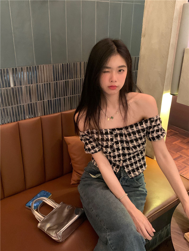 小香风一字肩编织格子短袖衬衫女夏季新款设计感时尚显瘦小众上衣