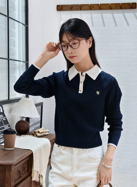 保罗彼得专柜正品女士撞色翻领绞花针织衫2025秋季新款LLECZ00823