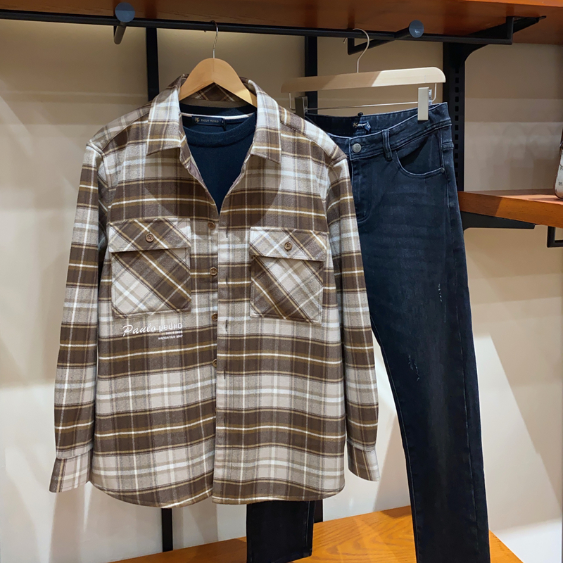 保罗彼得男士翻领加绒衬衫百搭