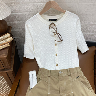 女式圆领针织半袖 保罗彼得专柜正品 短袖开衫绞花时尚PPFAZ01130