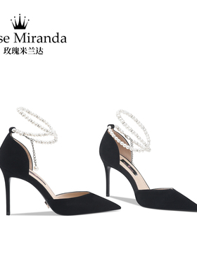 RoseMiranda玫瑰米兰达高跟鞋黑色真皮手工凉鞋女春夏新款