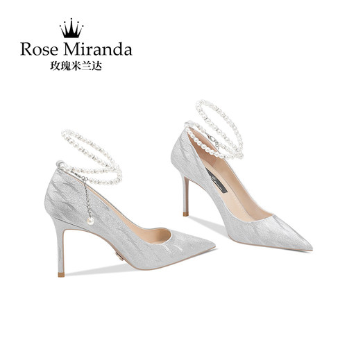 玫瑰米兰达RoseMiranda高跟鞋银色细跟婚鞋一字带单鞋