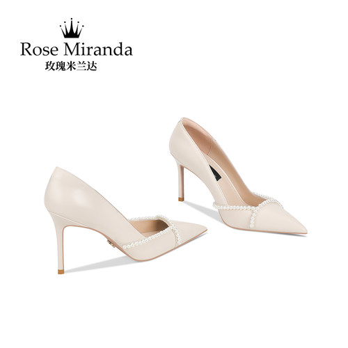 玫瑰米兰达RoseMiranda高跟鞋秋季新款米白色真皮尖头单鞋女