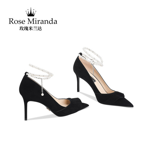 玫瑰米兰达RoseMiranda高跟鞋黑色羊猄皮浅口一脚蹬尖头单鞋