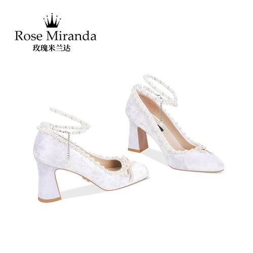 玫瑰米兰达RoseMiranda高跟鞋米白色粗跟舒适不累脚丝绒单鞋