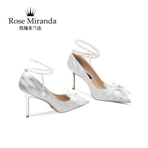 玫瑰米兰达RoseMiranda高跟鞋银色婚鞋尖头细跟一字带单鞋