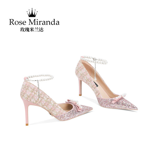 玫瑰米兰达RoseMiranda高跟鞋秋季新款粉色仙女风细跟单鞋女
