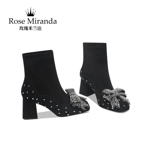 玫瑰米兰达RoseMiranda高跟鞋黑色蝴蝶结粗跟小众设计靴子