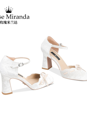 玫瑰米兰达RoseMiranda高跟鞋米白色粗跟丝绒侧空包头凉鞋