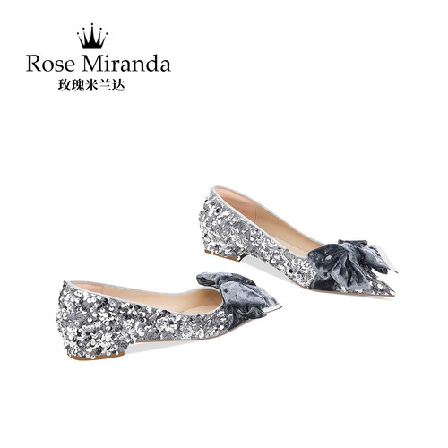 玫瑰米兰达RoseMiranda平底鞋灰色蝴蝶结时尚亮片尖头单鞋