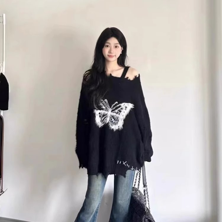 软糯日系蝴蝶结慵懒风宽松毛衣女毛针织衫